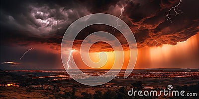 Breathtaking view of thunderstorm at sunset with bolts of lightning crackle through the air. AI generated. Stock Photo