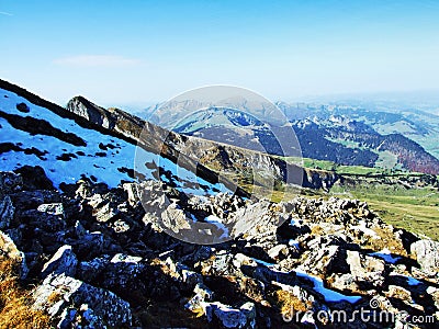 A breathtaking view from the top of Brisi in the Churfirsten mountain chain Stock Photo