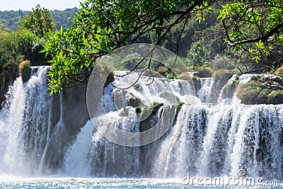 Breathtaking view Waterfalls of Krka National Park, Sunny day, summer season having greenery and trees, Croatia Stock Photo