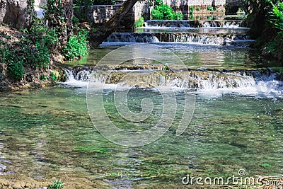 Breathtaking view Waterfalls of Krka National Park, Sunny day, summer season having greenery and trees, Croatia Stock Photo