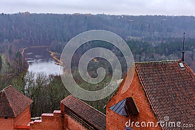 Breathtaking views of the meandering Gauja River and the valley rich in forests covered with fog Stock Photo