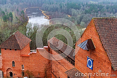 Breathtaking views of the meandering Gauja River and the valley rich in forests covered with fog Stock Photo