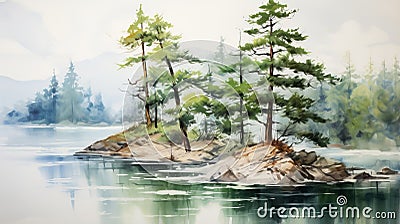 Karst Sketch: Beautiful Fjord Water Forest Lake Shore Watercolour Painting Stock Photo