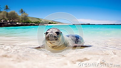 Hawaiian Monk Seal on the beach. Nature background. Generative AI. Stock Photo