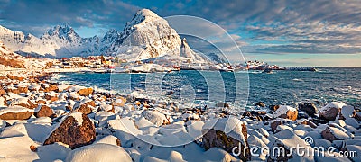 Breathtaking winter scene of southernmost of Lofoten islands town named - `A`, Norway, Europe. Stock Photo