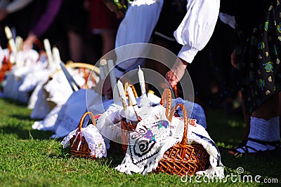 BREB, ROMANIA - 29 APRIL, 2019 - Local peasants dressed in traditional clothes, celebrating the Easter Holidays, Maramures. Editorial Stock Photo