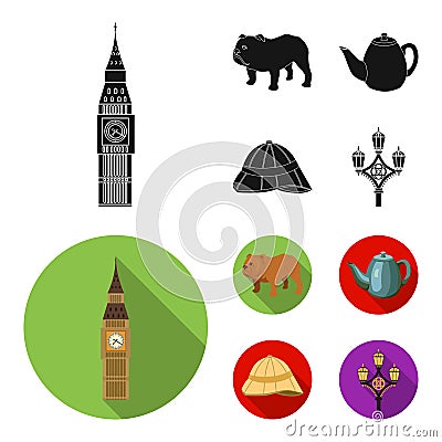 Breed dog, teapot, brewer .England country set collection icons in black, flat style vector symbol stock illustration Vector Illustration