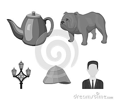 Breed dog, teapot, brewer .England country set collection icons in monochrome style vector symbol stock illustration web Vector Illustration