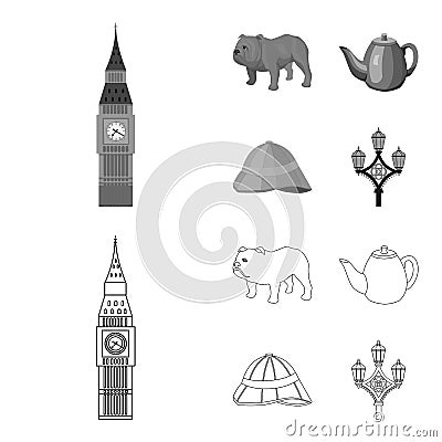 Breed dog, teapot, brewer .England country set collection icons in outline,monochrome style vector symbol stock Vector Illustration