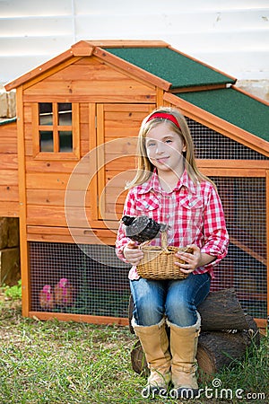 Breeder hens kid girl rancher farmer with chicks in chicken coop Stock Photo