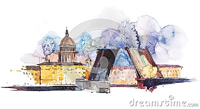 Breeding bridges in St. Petersburg Russia. Watercolor illustration. Cartoon Illustration
