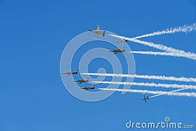 Breitling Jet Team Performing Aerial Stunts at 2016 Jones Beach Air Show Editorial Stock Photo