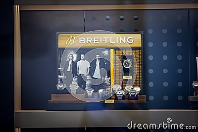 Breitling logo on watches in a jewelry boutique in Ljubljana. Editorial Stock Photo