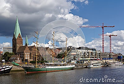 Bremen, Germany - July 10th, 2018 - Riverside view of the Schlachte promenade and the sailing ship Editorial Stock Photo