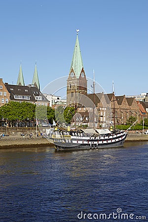 Bremen, Germany - Martini-Church and Schlachte-Riverside Editorial Stock Photo