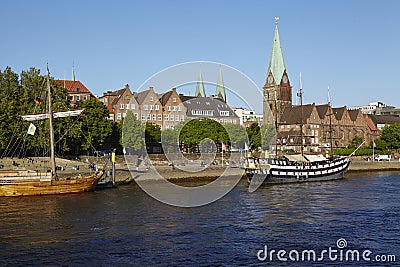 Bremen, Germany - Martini-Church and Schlachte-Riverside Editorial Stock Photo
