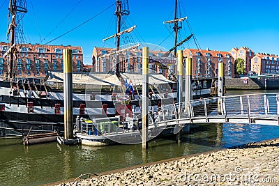 BREMEN, GERMANY - September 22, 2019: View to famous Pannekoekschip named `Admiral Nelson` using as a restaurant on Weser promenad Editorial Stock Photo