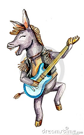 Hand drawn watercolor donkey with guitar Cartoon Illustration