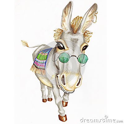 Hand drawn watercolor donkey with green glasses Cartoon Illustration