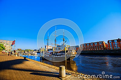 Bremen seafront view sunset. Weser riverside in Bremen, Germany. Editorial Stock Photo