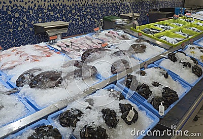 Brena Alta, La Palma, Canary Islands, Spain, December 21, 2019: Fresh chilled various seafood, fish and mussel lies on Editorial Stock Photo