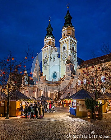 Bressanone Christmas market in the evening. Trentino Alto Adige, northern Italy. Editorial Stock Photo