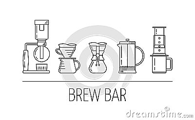 Brew bar. Set vector black line icons of coffee brewing methods. Siphon, pour over, chemex, french press, aeropress. Flat design. Vector Illustration