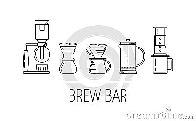 Brew bar. Set of vector black linear icons about coffee brewing methods. Siphon, pour over, french press, aeropress. Flat design. Vector Illustration
