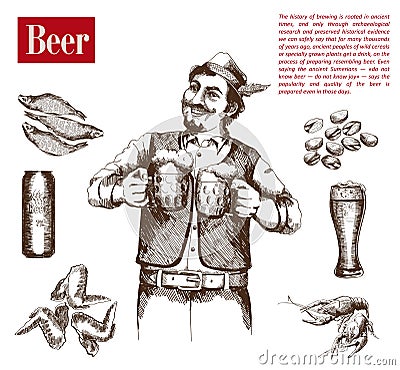 Brewer with two mugs of beer Vector Illustration