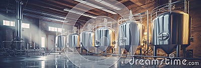 Brewery or alcohol production factory. Large steel fermentation tanks in spacious hall Stock Photo