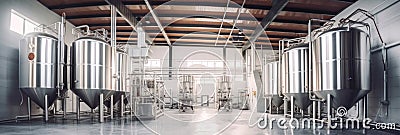 Brewery or alcohol production factory. Large steel fermentation tanks in spacious hall Stock Photo