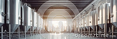 Brewery or alcohol production factory. Large steel fermentation tanks in spacious hall Stock Photo