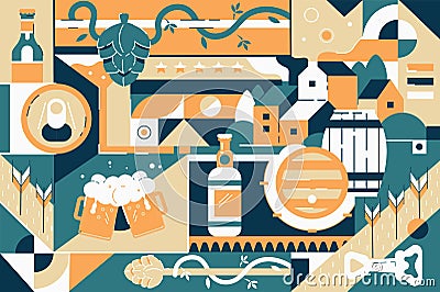 Brewery background of beer, hop and german village. Cartoon Illustration