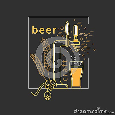 Brewery, craft beer label, alcohol shop, pub icon. Vector symbol in modern line style with beer tap, hop, wheat and beer glass. Vector Illustration