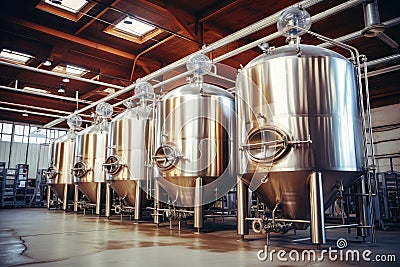 Brewery Equipment, Brew Beer Manufacturing, Round Cooper Storage Tanks, Generative AI Illustration Stock Photo