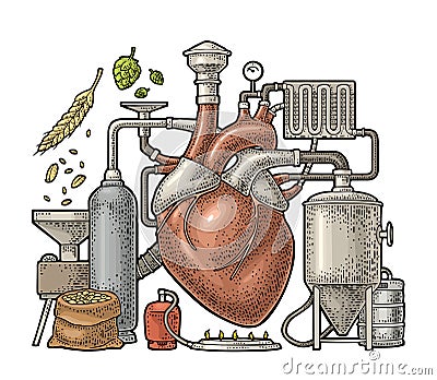 Brewery process on factory beer with tanks, burner, heart engraving Vector Illustration