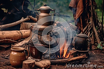 brewing cowboy coffee with rustic camping gear and open flame Stock Photo