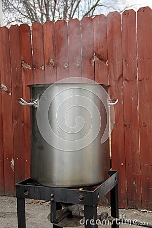 Brewing pot and burner while the wort is boiling Stock Photo