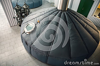 Brewing production, mash vats at modern beer factory, industrial fermenting tanks Stock Photo