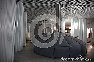 Brewing production, mash vats at modern beer factory, industrial fermenting tanks Stock Photo