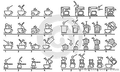 Brewing tea and coffee instruction. Preparing green tea bag, hot drinks guideline and coffee machine tutorial vector Vector Illustration