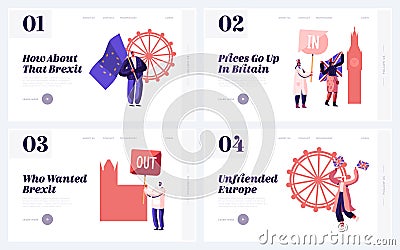 Brexit and Anti Brexit Supporters Demonstration Website Landing Page Set. People with Britain and European Union Vector Illustration