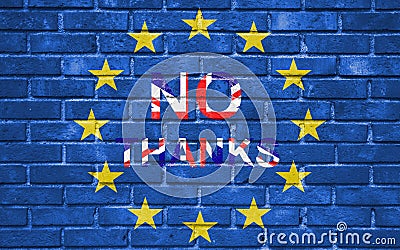 Brexit blue european union EU flag on brick wall and word no thanks with great britain flag Stock Photo