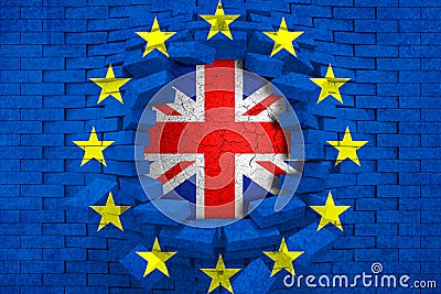 Brexit blue european union EU flag on broken brick wall with hole and great britain flag inside Stock Photo