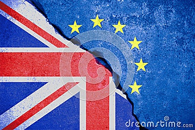 Brexit blue european union EU flag on broken wall and half great britain flag Stock Photo