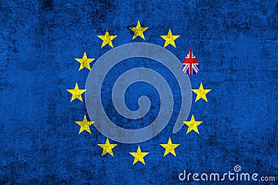 Brexit blue european union EU flag on grunge texture with drop and great britain flag inside Stock Photo