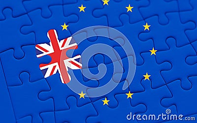 Brexit blue european union EU flag puzzle with puzzle piece with great britain flag Stock Photo