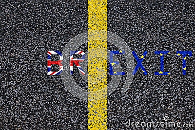 Brexit blue european union EU flag and uk great britain united kingdom flag, over tarmac, road marking yellow paint separating lin Stock Photo
