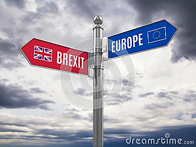 Brexit concept - Euro and Brexit road signs with flags Stock Photo