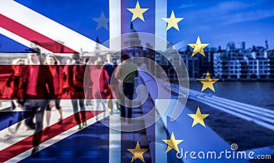 brexit concept double exposure of flag and people walking on Millenium bridge Editorial Stock Photo